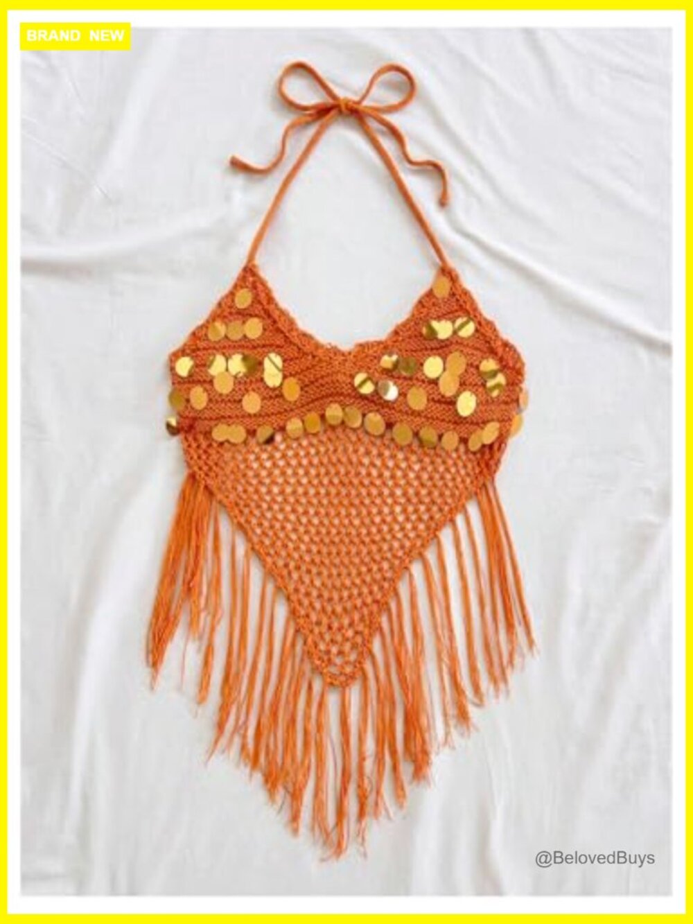 Sequin Hollow Out Crochet Crop Halter Top Boho Tie Backless Fringe - Picture 2 of 5